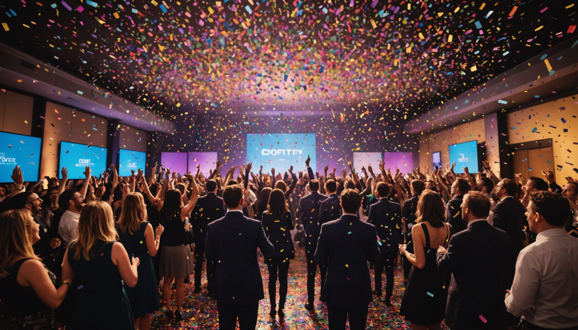 Custom branded confetti in vibrant colors raining down at a corporate event