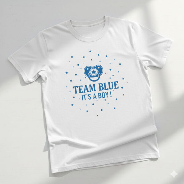 Blue "Team Boy" gender reveal t-shirt with royal crown and anchor graphics for a baby announcement.