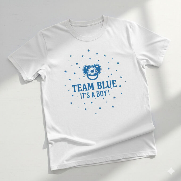 Blue "Team Boy" gender reveal t-shirt with royal crown and anchor graphics for a baby announcement.