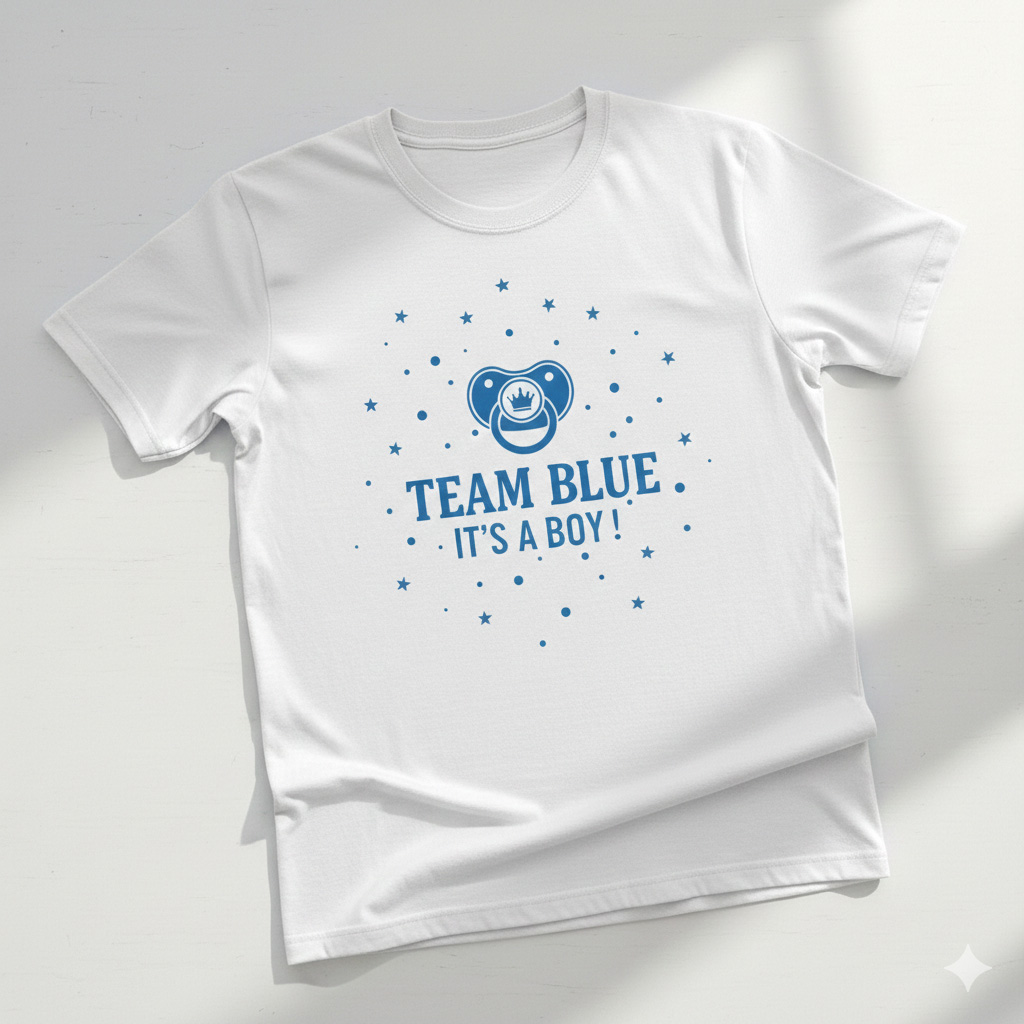 Blue "Team Boy" gender reveal t-shirt with royal crown and anchor graphics for a baby announcement.