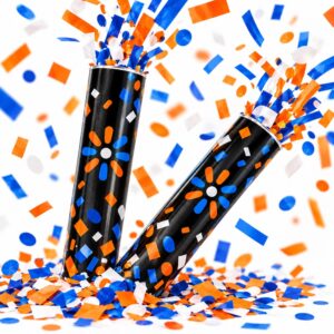 Confetti cannons bursting with blue, orange and white confetti