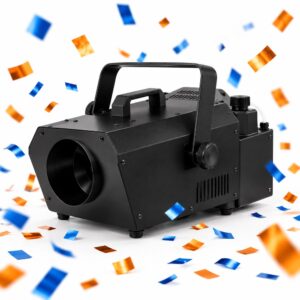 Professional confetti machine with blue and orange confetti