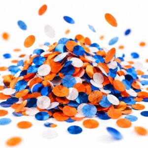 Pile of loose round confetti in blue, orange and white
