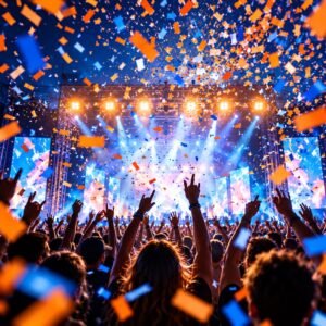 Concert crowd under a shower of blue and orange confetti