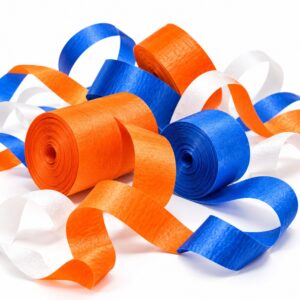 Rolls of orange, blue and white paper streamers