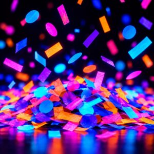 Neon UV reactive confetti glowing under blacklight
